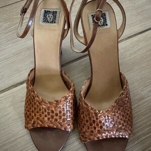 Anne Klein Brown Woven Leather Ankle-Strap Sandals